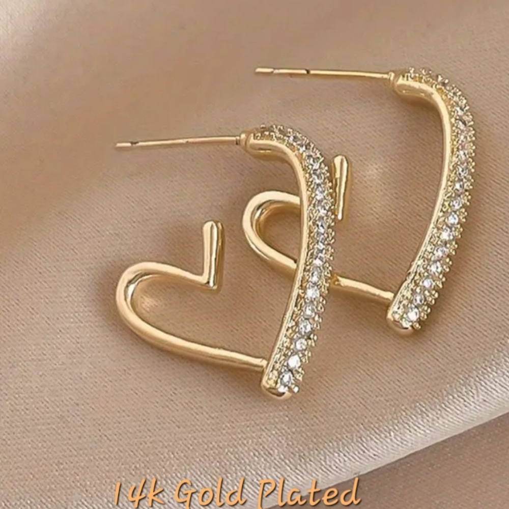 Rhinestoned 18k Gold Plated Heart hoops. New. Fast Ship. 4,000 Items Sold